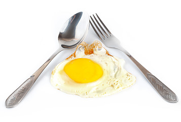 Image showing Fried egg with a spoon and fork