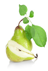 Image showing Green pears with green leafs