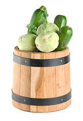 Image showing Vegetables in a wooden barrel