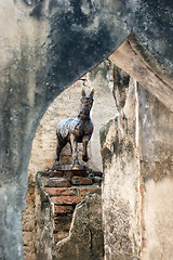 Image showing Horse statue amongst old ruins in Lop Buri, Thailand