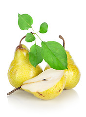Image showing Three pears with leaves