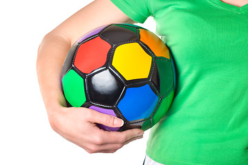 Image showing Colored soccer ball in a girl's hand