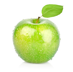 Image showing Green apple with a leaf
