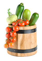 Image showing Wooden barrel with vegetables