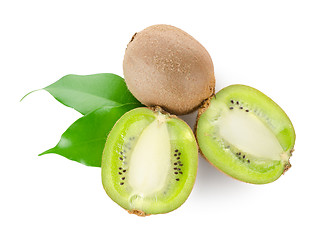 Image showing Fresh kiwi fruit with green leaves