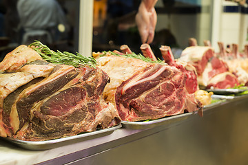 Image showing Meat and sausages in a butcher shop