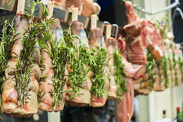 Image showing Meat and sausages in a butcher shop