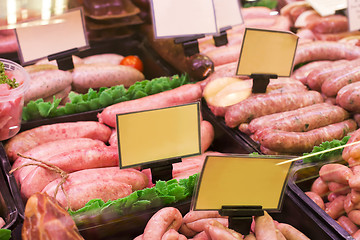 Image showing Meat and sausages in a butcher shop