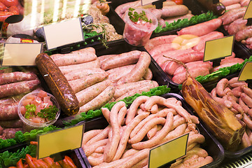 Image showing Meat and sausages in a butcher shop