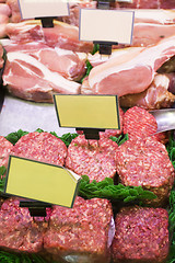 Image showing Meat and sausages in a butcher shop