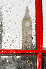 Image showing Big ben and red phone cabine. Rainy day