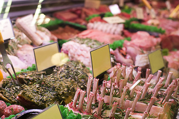 Image showing Meat and sausages in a butcher shop