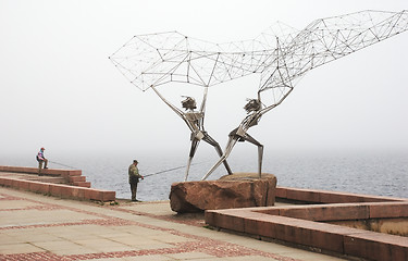 Image showing PETROZAVODSK, RUSSIA ? JUNE 10: fishermen on the quay of Onega l