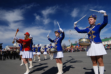 Image showing PETROZAVODSK, RUSSIA ? MAY 9: drummer girls at the parade celebr