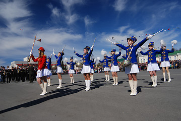 Image showing PETROZAVODSK, RUSSIA ? MAY 9: drummer girls at the parade celebr