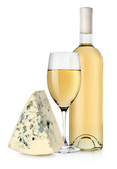 Image showing Wine bottle and blue cheese