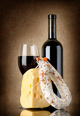 Image showing Wine, salami and cheese