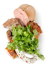 Image showing Cooked meat and sausages isolated