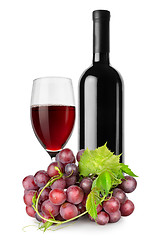 Image showing Bottle of red wine, wineglass and grapes