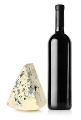 Image showing Bottle of red wine and blue cheese
