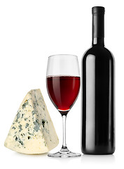 Image showing Wine bottle, wineglass and cheese