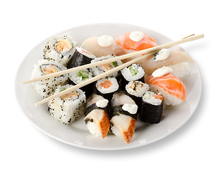 Image showing Rolls and sushi in a plate