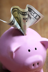 Image showing Stuffed piggy bank with US dollars