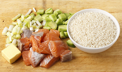 Image showing Chopped salmon cucumber rice and spring onions