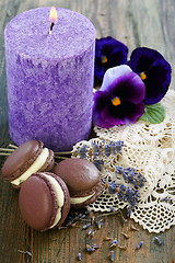 Image showing Macarons, sprigs of lavender and viols.