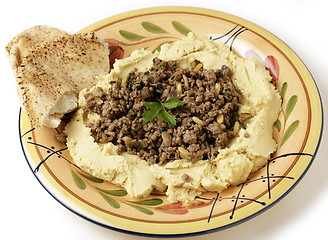 Image showing Hummus with meat from above