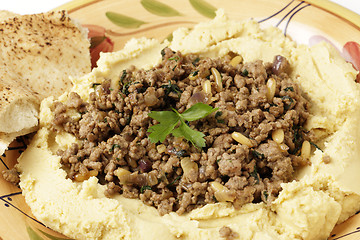 Image showing Hummus with meat and bread