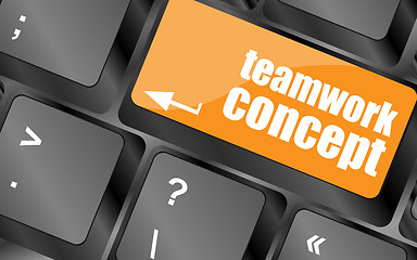 Image showing cloud icon with teamwork concept word on computer keyboard key