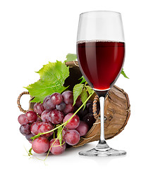 Image showing Wineglass and  grapes in a basket