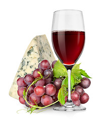 Image showing Wineglass, cheese and grapes