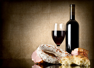 Image showing Wine and sausage, bread