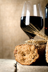 Image showing Wine, bread and wheat