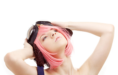 Image showing daydreaming pink hair girl in aviator helmet