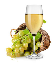 Image showing White wine and  grapes in a basket