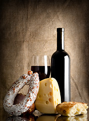 Image showing Wine and bread, sausage