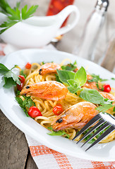 Image showing Seafood spaghetti with prawns