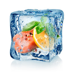 Image showing Fillet of salmon in ice cube