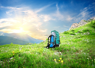 Image showing Backpack in mountains