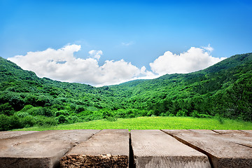 Image showing Mountains and wooden floor