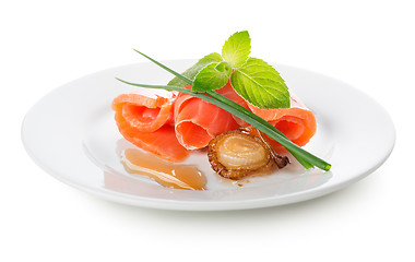 Image showing Salmon rolls with fried onion