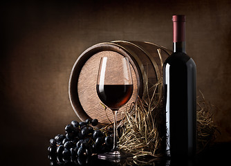 Image showing Wine with barrel and hay