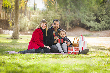 Image showing Mixed Race Family Enjoying Christmas Gifts in the Park Together