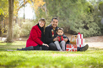 Image showing Mixed Race Family Enjoying Christmas Gifts in the Park Together