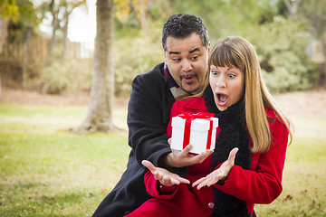 Image showing Mixed Race Couple Sharing Christmas or Valentines Day Gift Outsi