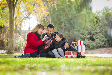 Image showing Mixed Race Family Enjoying Christmas Gifts in the Park Together