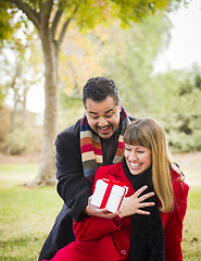 Image showing Mixed Race Couple Sharing Christmas or Valentines Day Gift Outsi